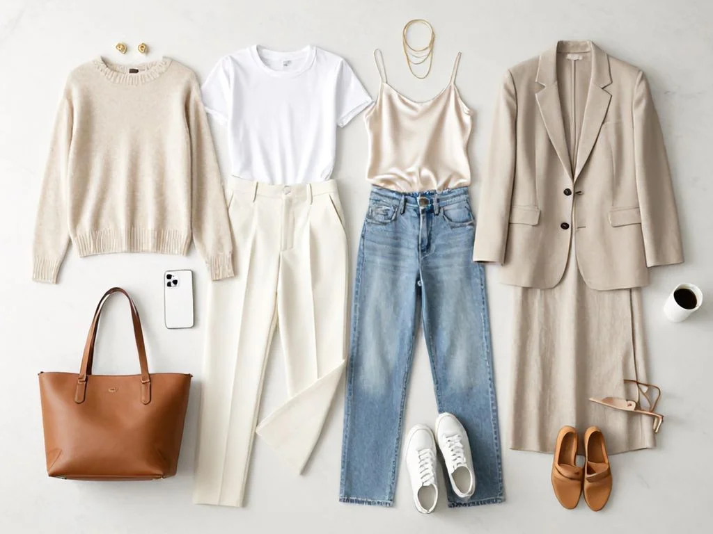 Neutral essentials like sweaters, tees, jeans and blazers styled in 10 Clean Girl Outfit Ideas flat-lay