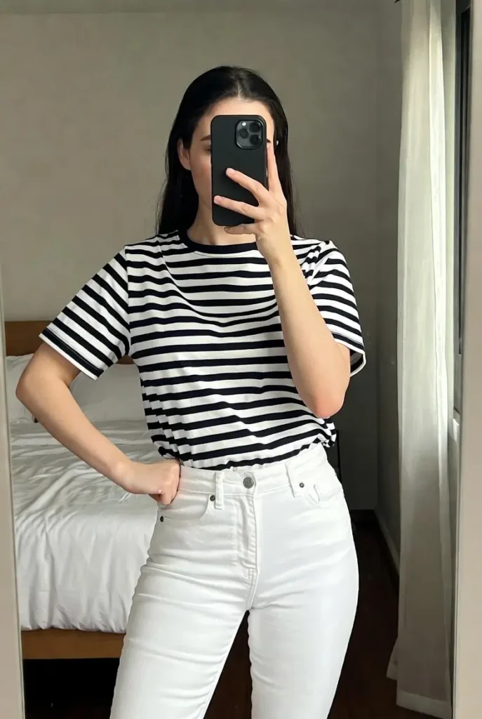 "Woman in white jeans and striped tee showing outfit ideas with white pants for casual everyday style"