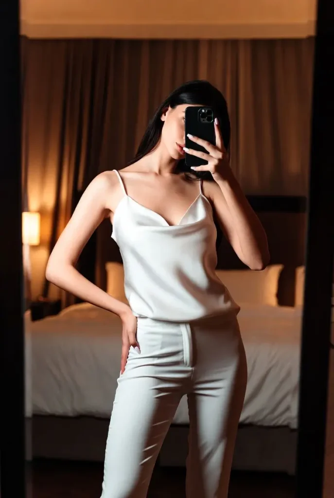 
"Glamorous outfit ideas with white pants featuring silky cami for evening date night style"
