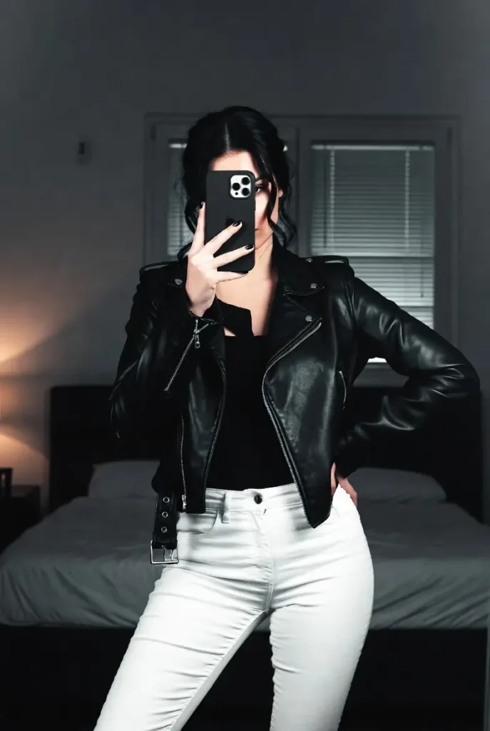 
"Edgy outfit ideas with white pants combined with leather jacket for bold street style"