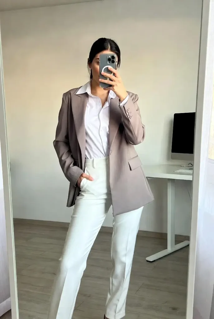 "Professional outfit ideas with white pants featuring tailored trousers and blazer for work"