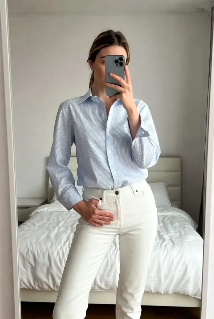 "Preppy outfit ideas with white pants styled with classic button-down shirt for polished look"
