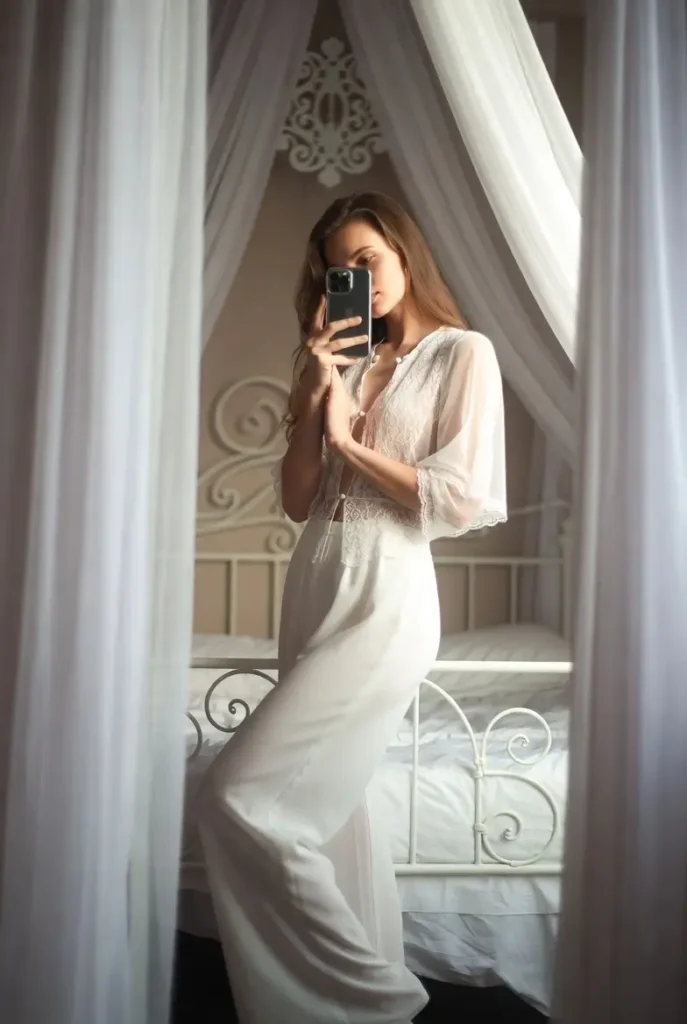 "Romantic outfit ideas with white pants paired with delicate lace top for feminine style"