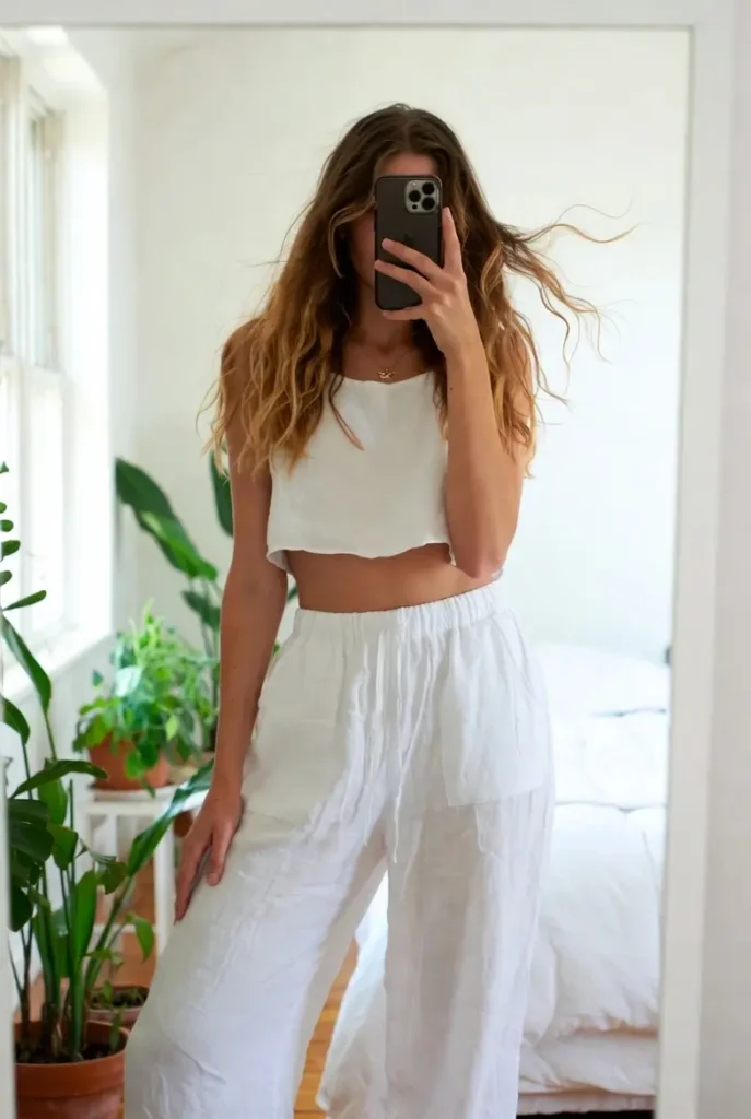 "Summer outfit ideas with white pants pairing linen trousers and crop top for warm weather"