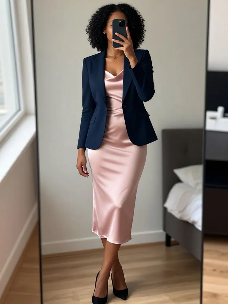 "Blazer and dress combo from 15 senior brunch outfit ideas for Black women in mirror selfie"
