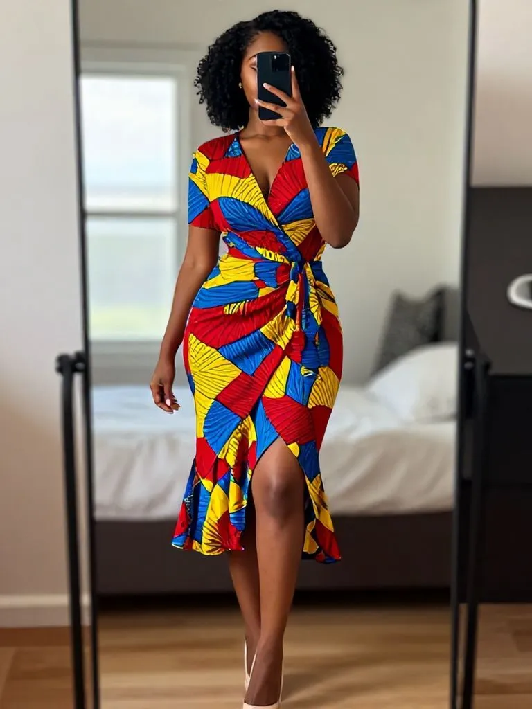 A bold geometric wrap dress in primary colors for 15 Senior Brunch Outfit Ideas Black Women.