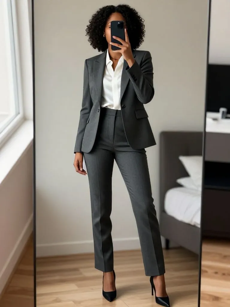 "Charcoal tailored suit from 15 senior brunch outfit ideas for Black women in mirror selfie"
