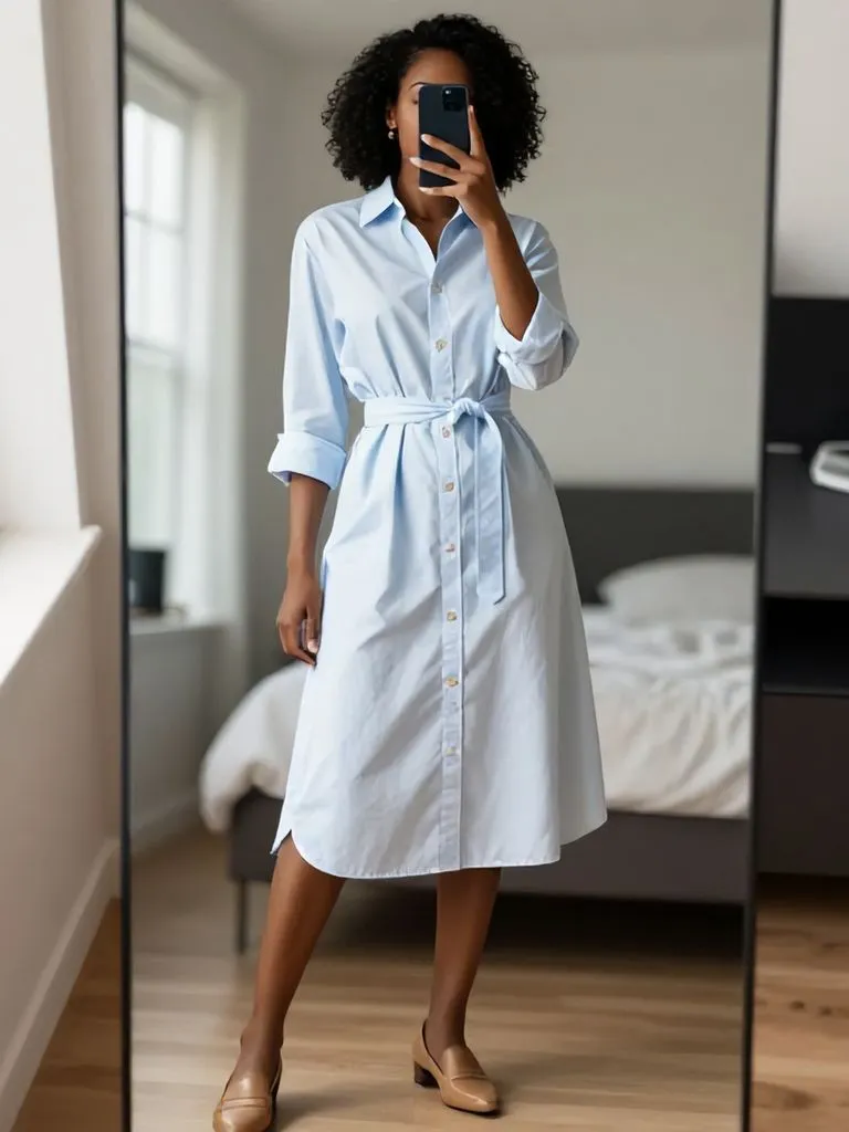 "Classic belted shirt dress from 15 senior brunch outfit ideas for Black women in mirror selfie"
