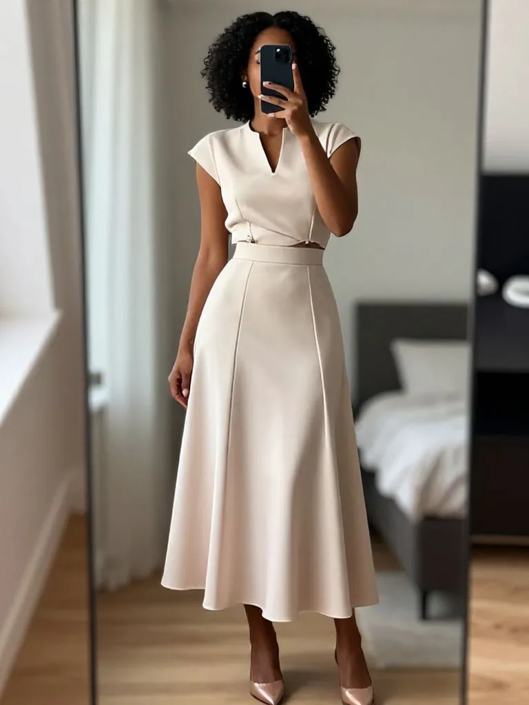 "Elegant beige coordinated set from 15 senior brunch outfit ideas for Black women mirror selfie"
