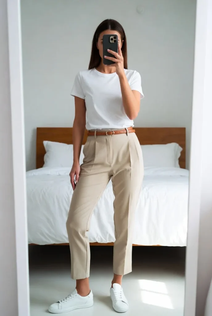Elevated basics for 10 Clean Girl Outfit Ideas with a white tee, beige trousers, and sneakers.