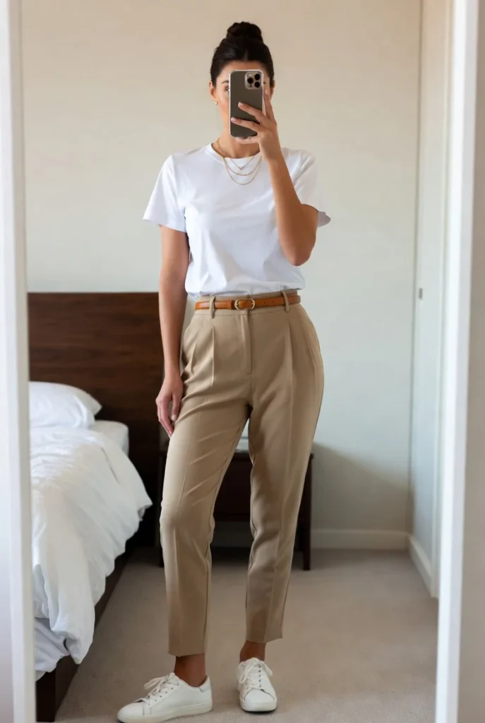 Monochrome inspiration from 10 Clean Girl Outfit Ideas showing a tucked white tee and tan trousers.