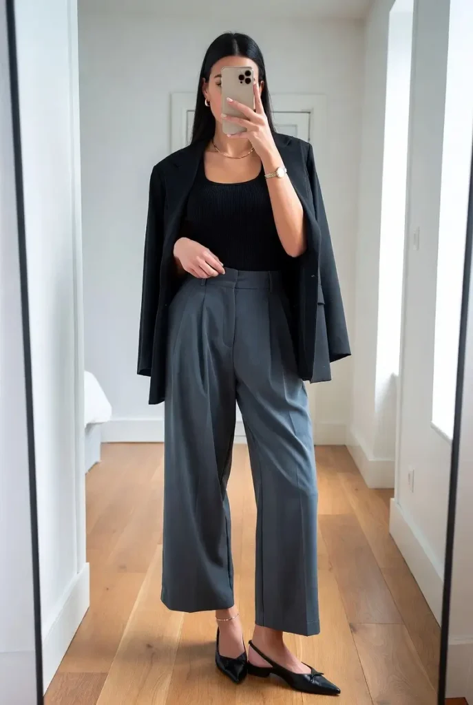 Modern professional look for 10 Clean Girl Outfit Ideas with a black blazer and grey wide-leg pants.