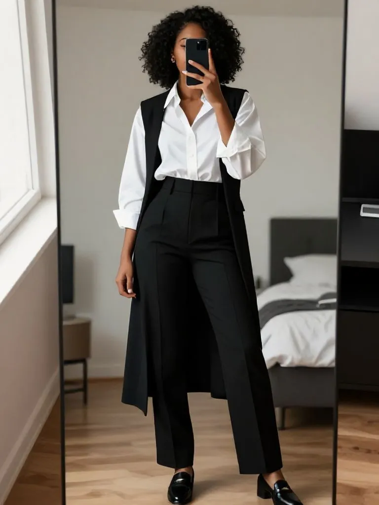 "Black woman in monochrome outfit - timeless senior brunch outfit ideas for Black women mirror selfie"
