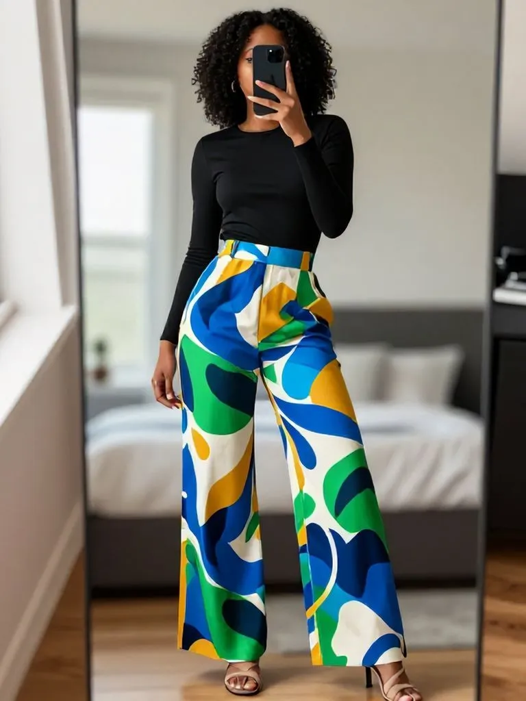 "Abstract print pants outfit from 15 senior brunch outfit ideas for Black women in mirror selfie"
