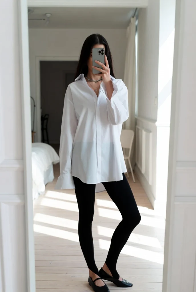 Relaxed elegance for 10 Clean Girl Outfit Ideas with an oversized white button-down and black leggings.