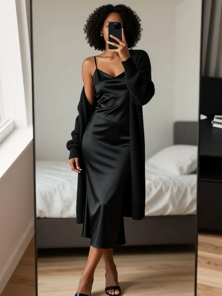 "Satin slip dress with cardigan from 15 senior brunch outfit ideas for Black women mirror selfie"

