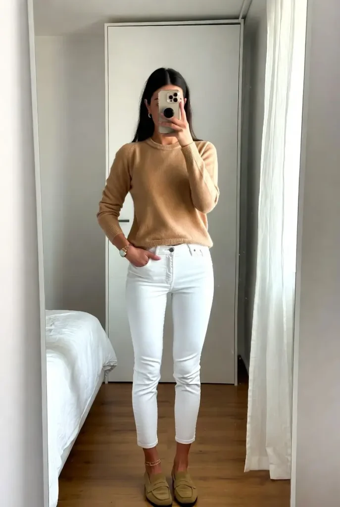 Sophisticated weekend look from 10 Clean Girl Outfit Ideas with a tan sweater and white skinny jeans.