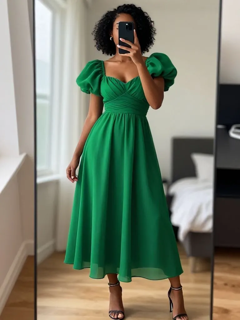 "Emerald statement sleeve dress from 15 senior brunch outfit ideas for Black women mirror selfie"

