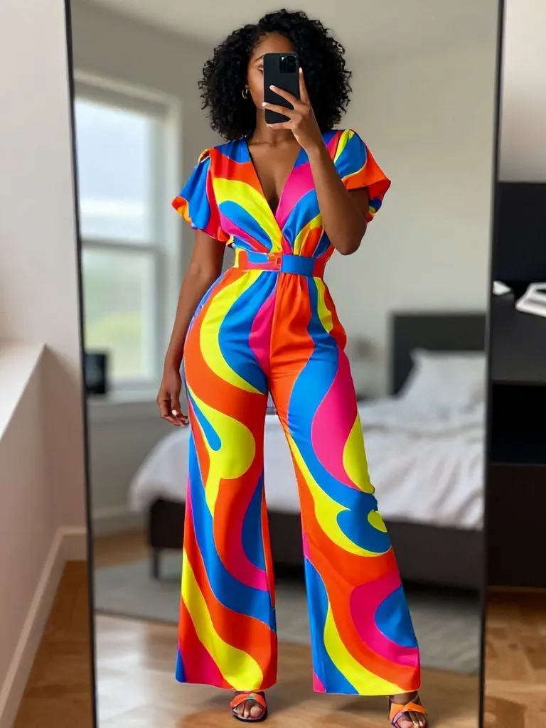 "Black woman in rainbow jumpsuit mirror selfie - one of 15 senior brunch outfit ideas for Black women"