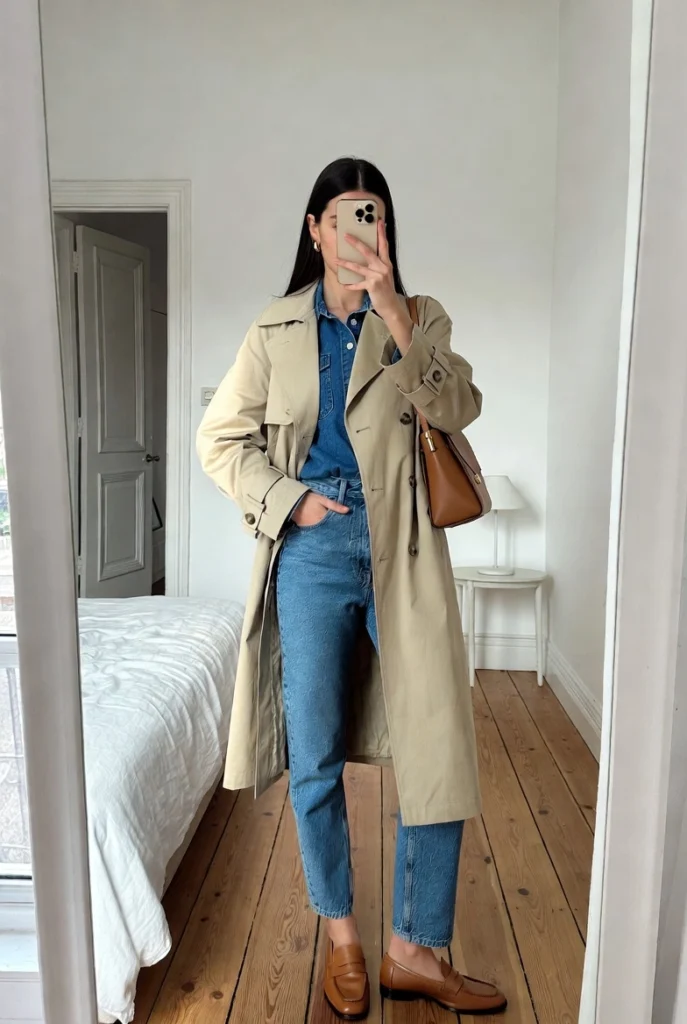 Timeless classic style in 10 Clean Girl Outfit Ideas featuring a tan trench coat, denim, and loafers.
