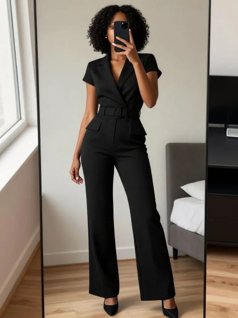 "Tailored black jumpsuit from 15 senior brunch outfit ideas for Black women in mirror selfie"
