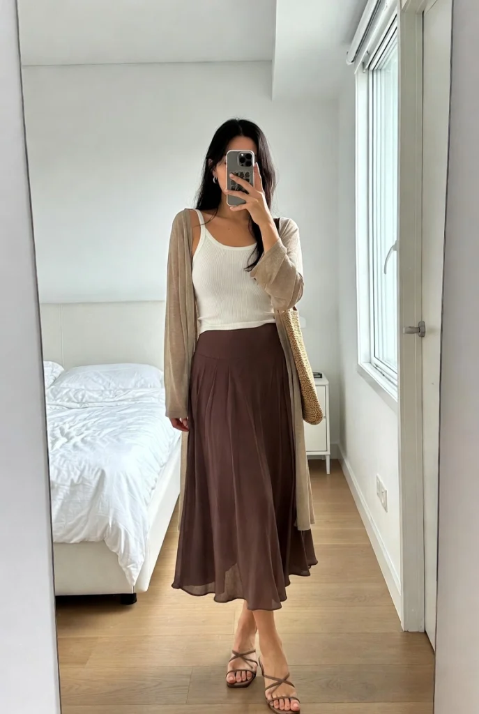 Weekend brunch look for 10 Clean Girl Outfit Ideas with a midi skirt, tank top, and draped cardigan.