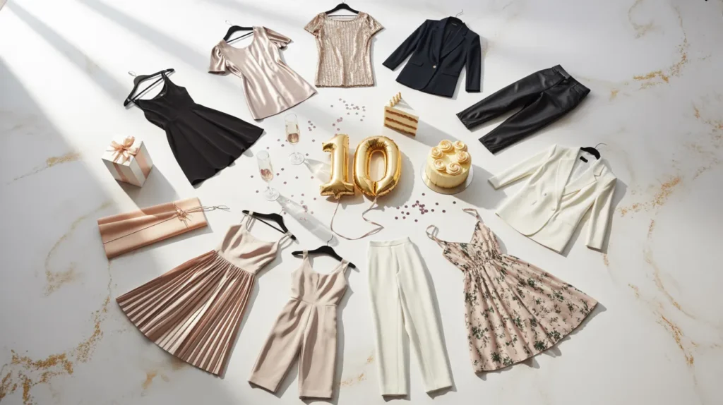 10 birthday outfit ideas for women flat lay with dresses, jumpsuits, and party wear options