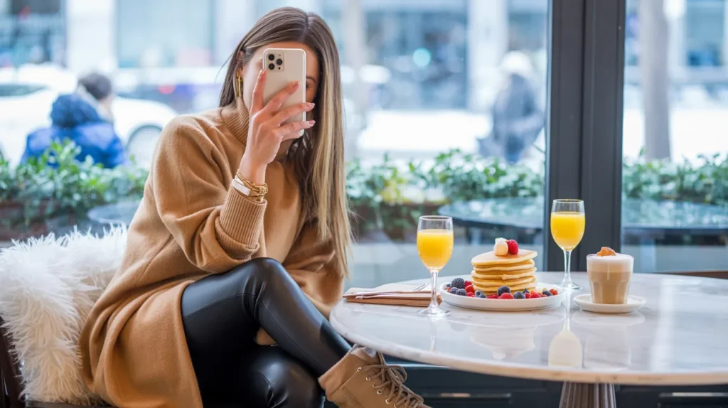 Woman enjoying a cozy winter brunch with pancakes and drinks in a warm sweater and leather pants from 10 Brunch Outfit Ideas for Winter