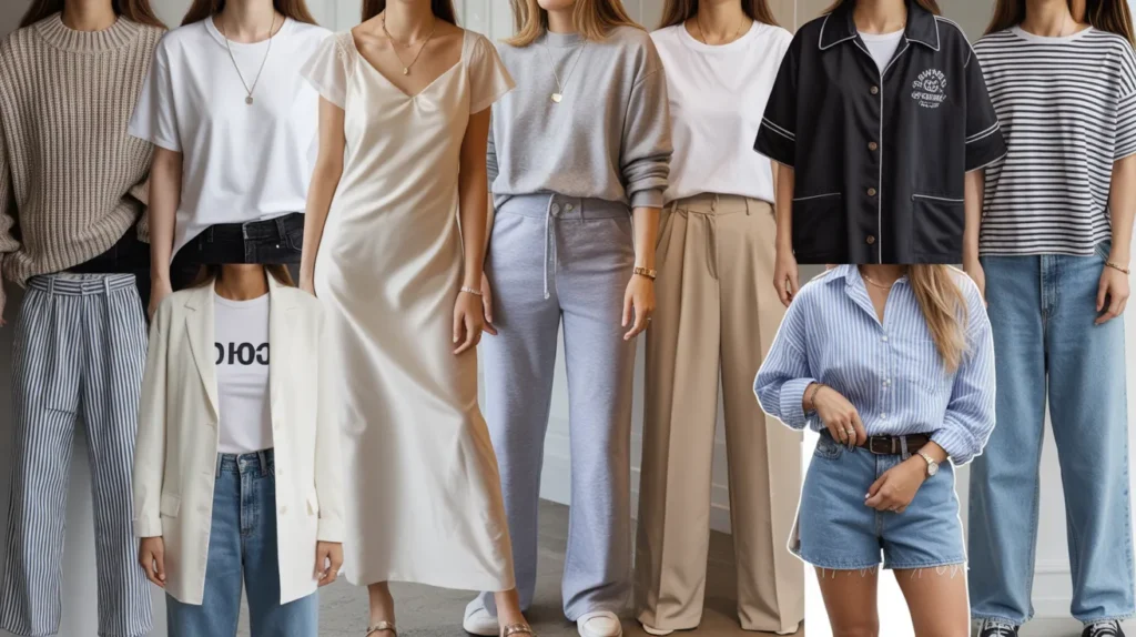 Collage of 10 Cute Simple Outfit Ideas featuring chic casual, work, and weekend looks for women.