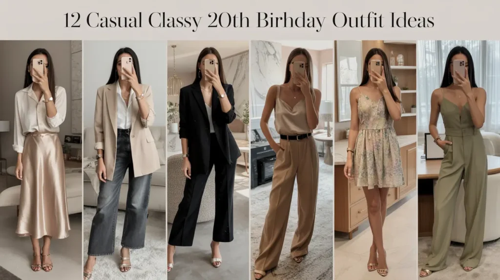 A collage showing various Casual Classy 20th Birthday Outfit Ideas featuring blazers, skirts, and chic dresses.