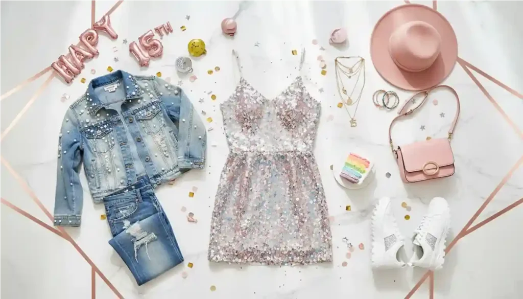 A stylish flat lay of trendy 15th Birthday Outfit Ideas including a sparkly dress, denim, and accessories