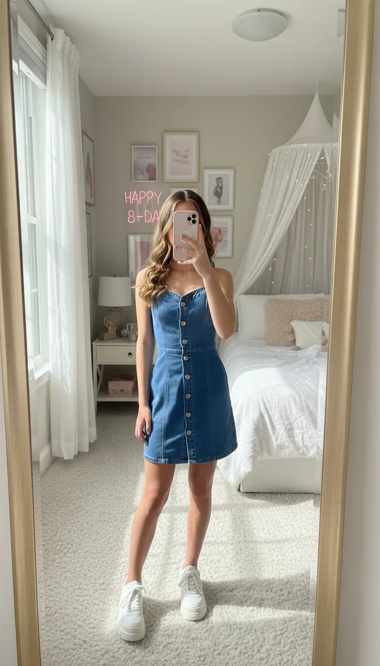 Classic denim dress, a versatile choice for 15th Birthday Outfit Ideas