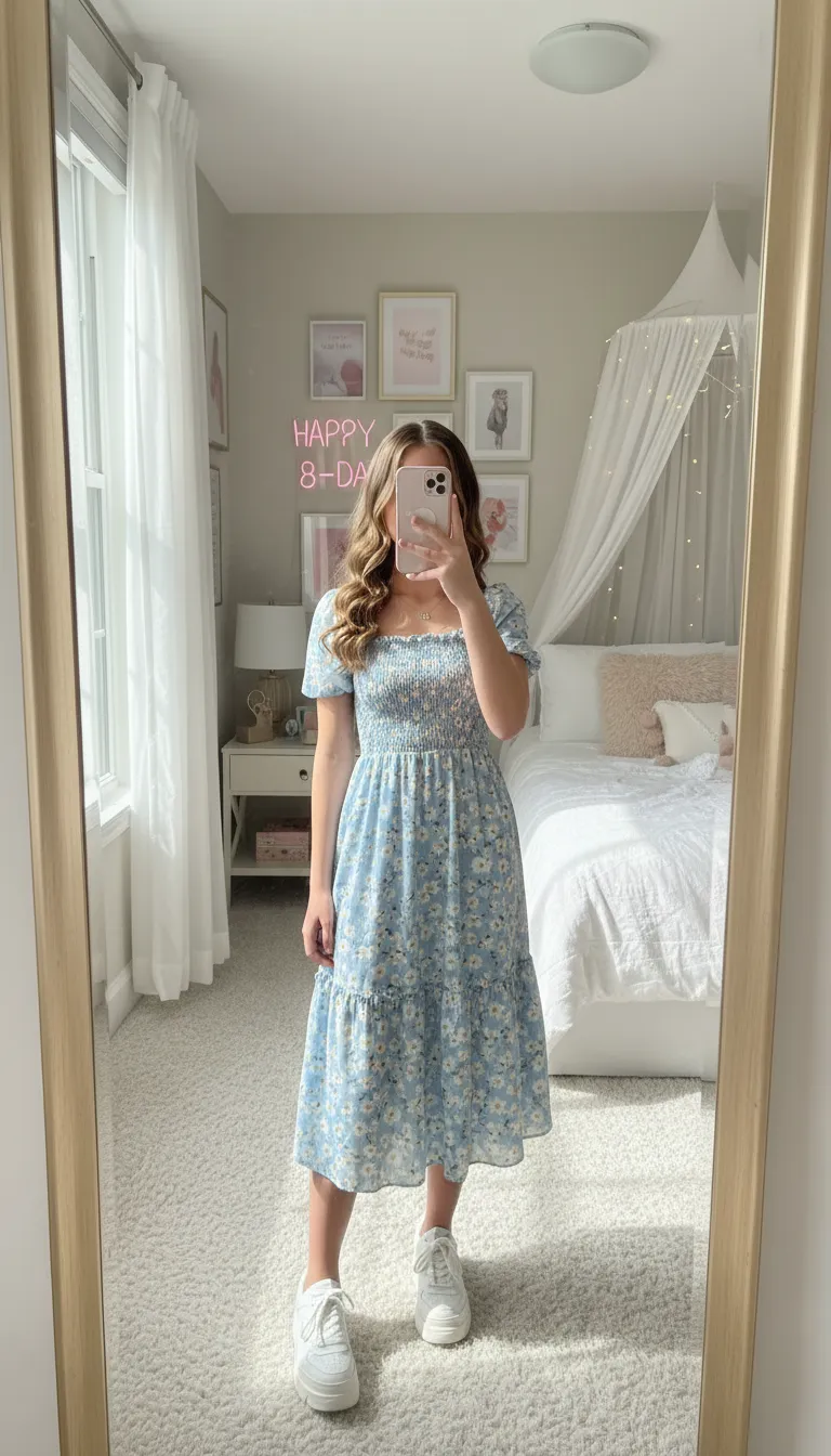 Sweet floral midi dress, a sophisticated choice for 15th Birthday Outfit Ideas.