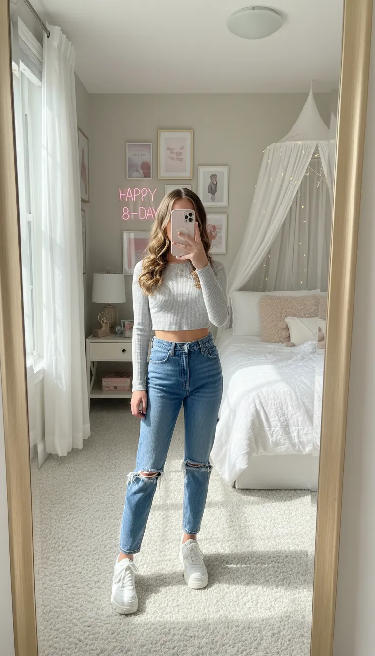 Casual and cool 15th Birthday Outfit Ideas: high-waisted jeans and a crop top