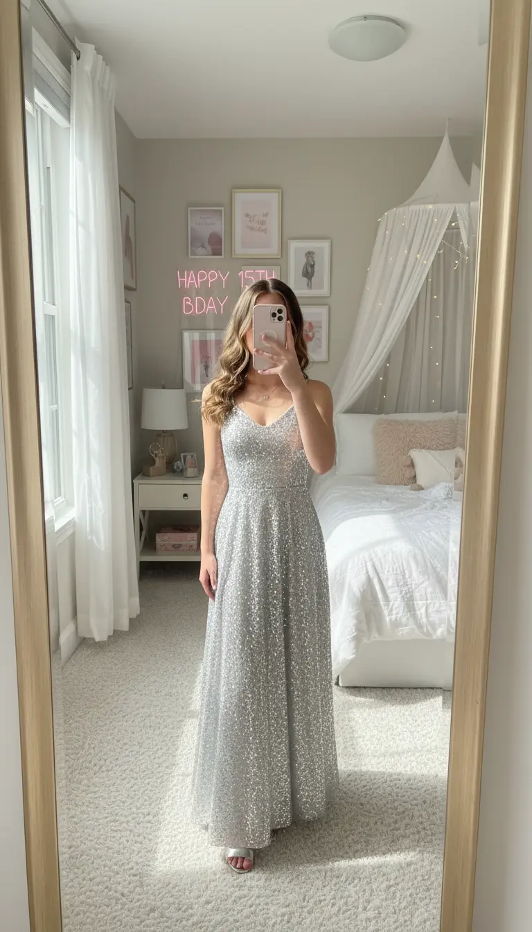 Teenage girl in a sparkly dress, perfect for 15th Birthday Outfit Ideas.