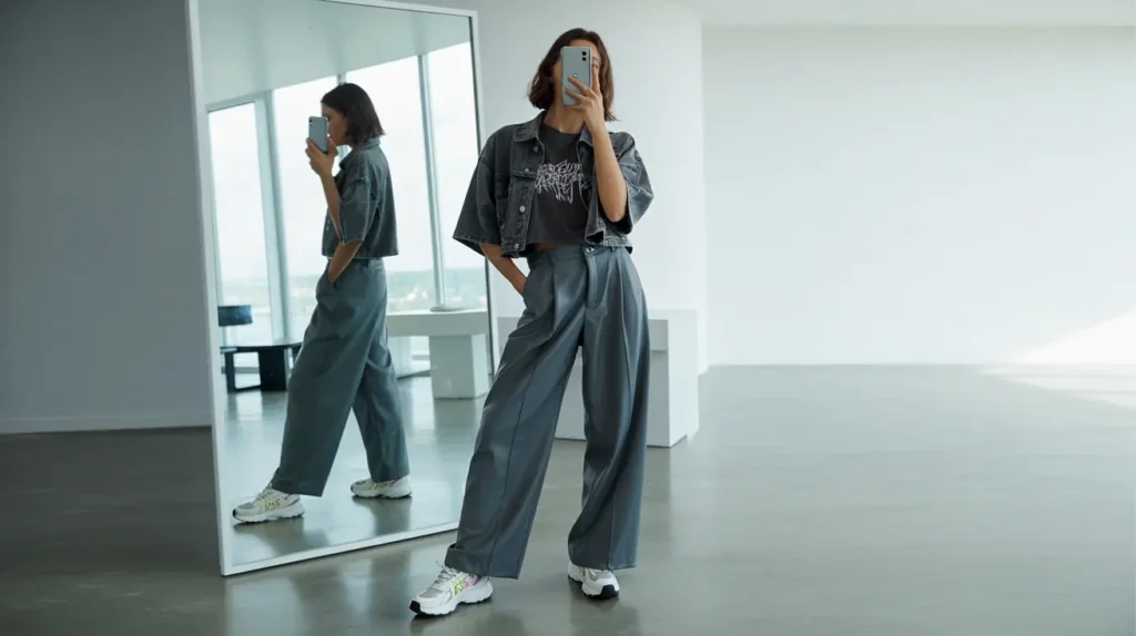 Mirror selfie in simple streetwear outfits: woman in denim jacket, graphic tee, wide-leg pants, and chunky sneakers.