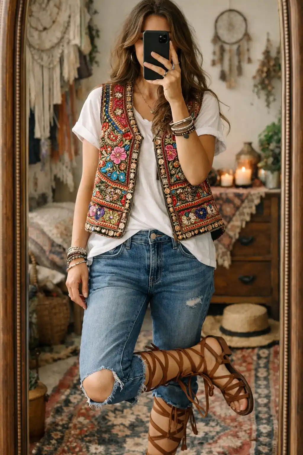 Mirror selfie of a girl in a white shirt and jeans with an embroidered vest and gladiator sandals.
