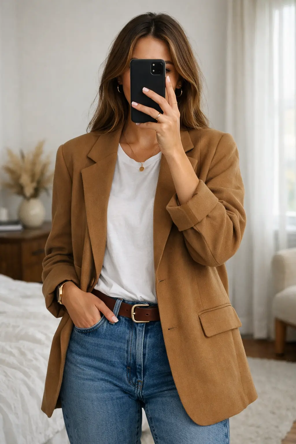 Mirror selfie of a girl wearing a white shirt and jeans layered with a camel-colored blazer.