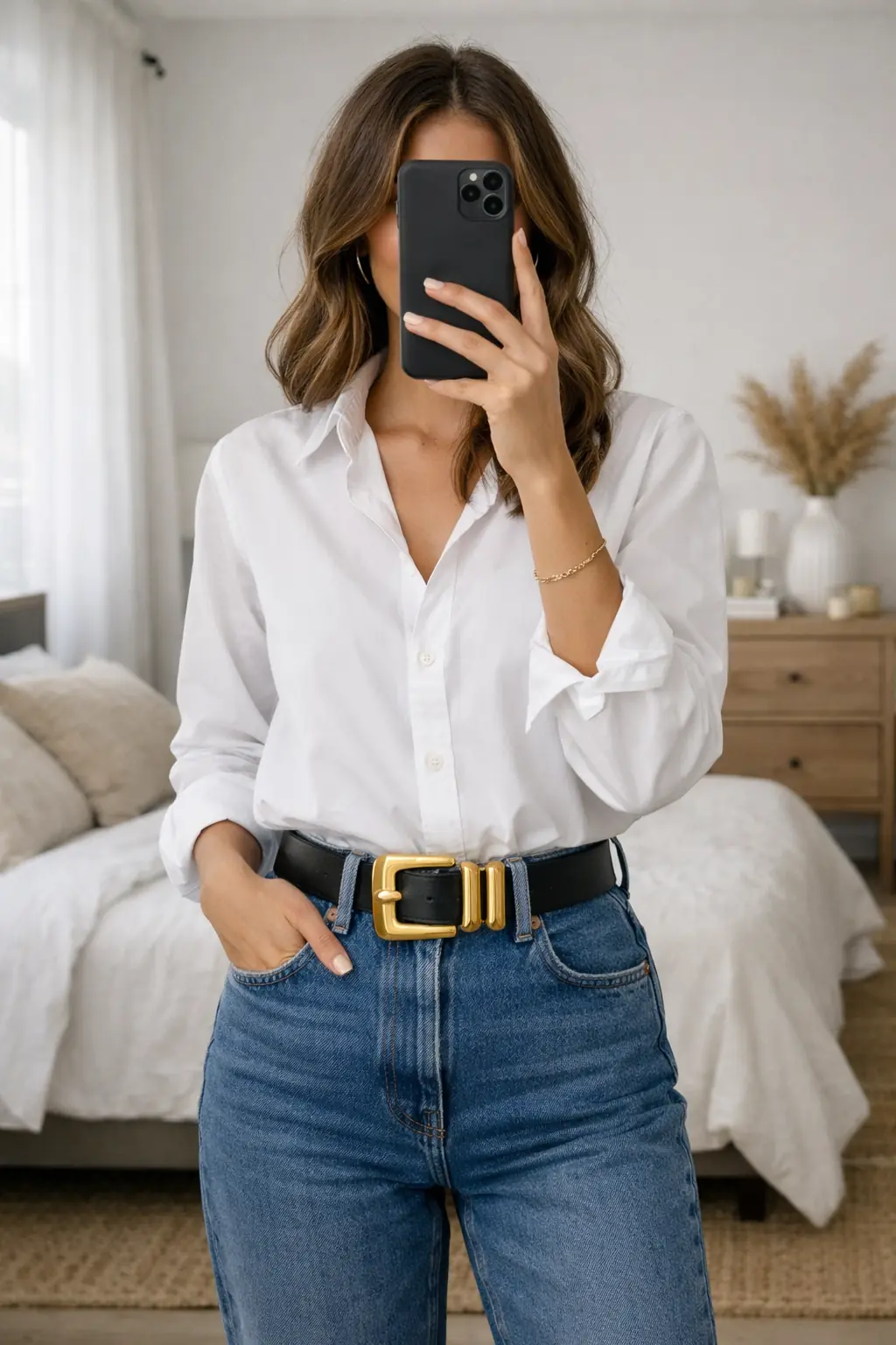 Mirror selfie of a girl in a white shirt with a French tuck and a bold statement belt.