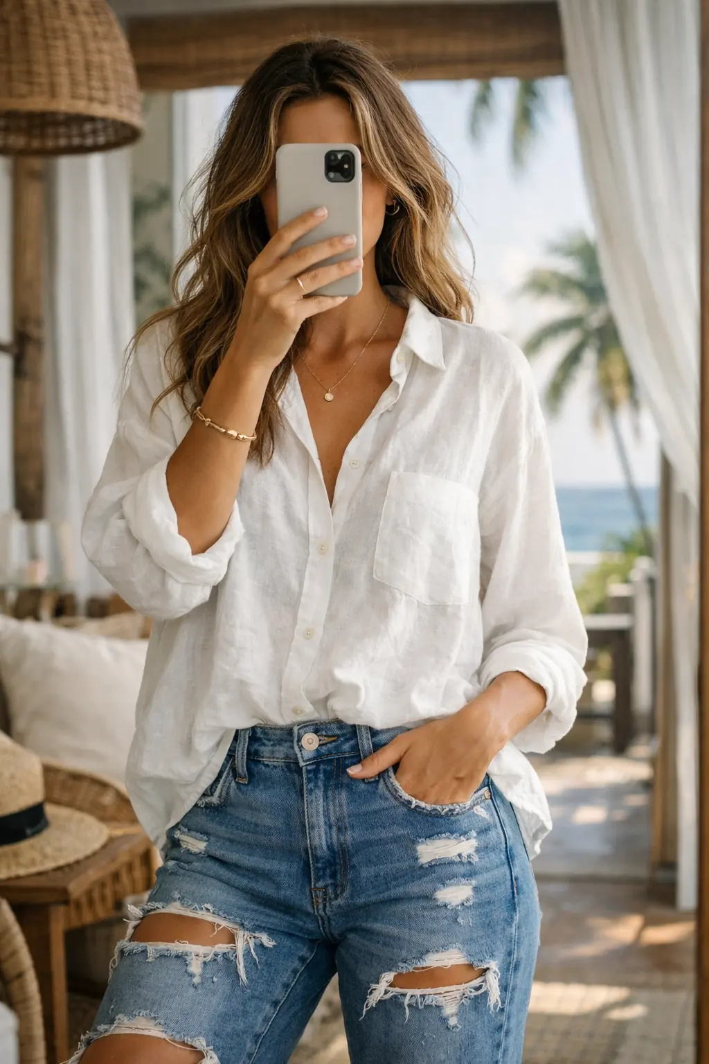 Mirror selfie of a girl in a white linen shirt and distressed jeans for a vacation look.