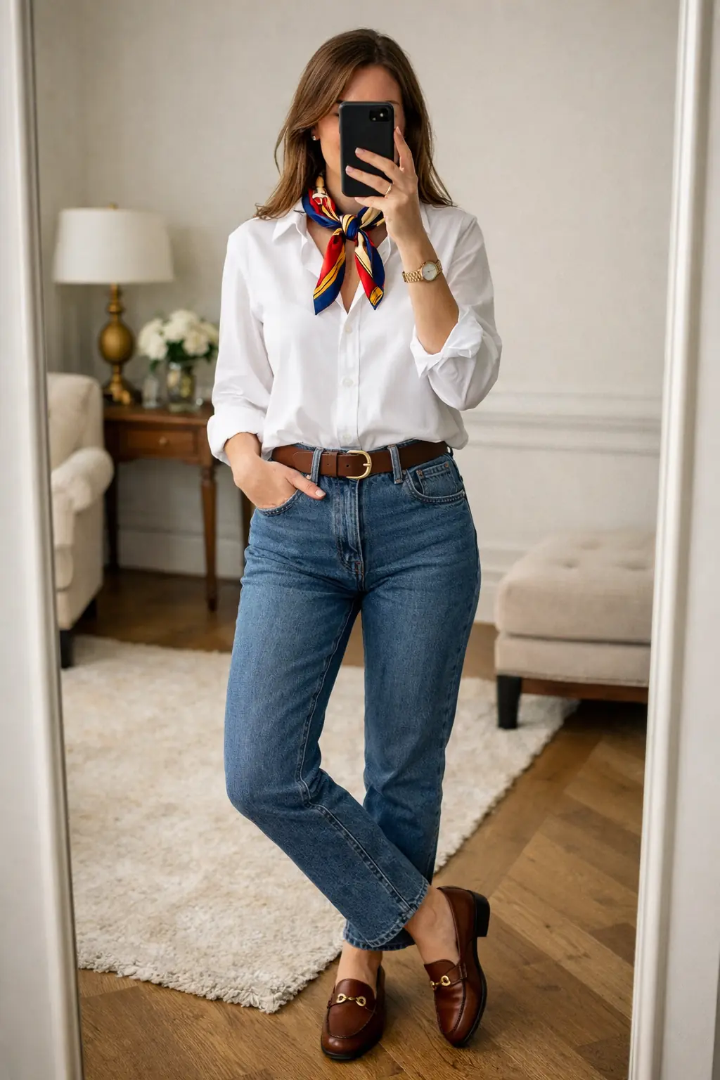 Mirror selfie of a girl in a white shirt and jeans with a colorful silk scarf and leather loafers.