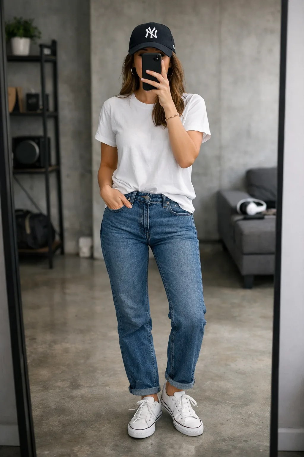 Mirror selfie of a girl in a white shirt and jeans with white sneakers and a baseball cap.