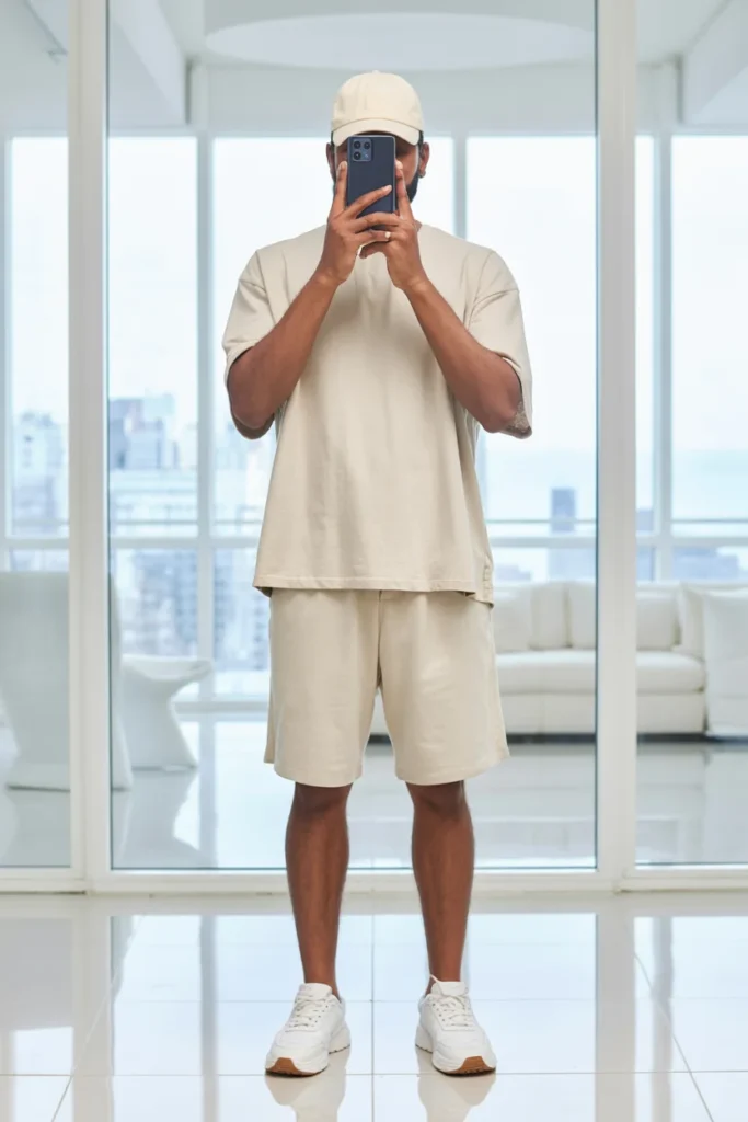 A man poses in an all-white monochrome look, a clean example of Summer Streetwear Outfits for Men.
