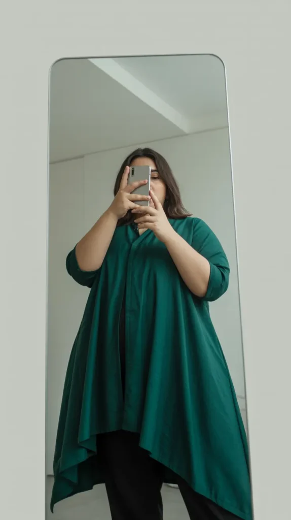 Plus-size woman in teal asymmetric kurta - Indian outfit ideas for plus-size women
