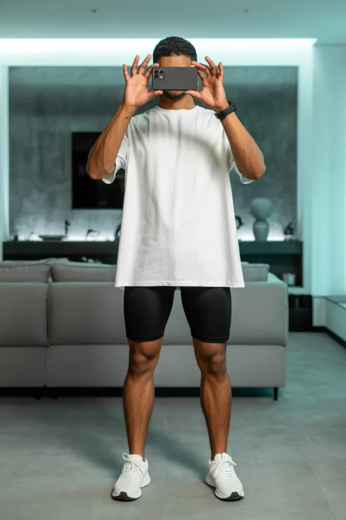 Longline white tee paired with black biker shorts for trendy Summer Streetwear Outfits for Men.