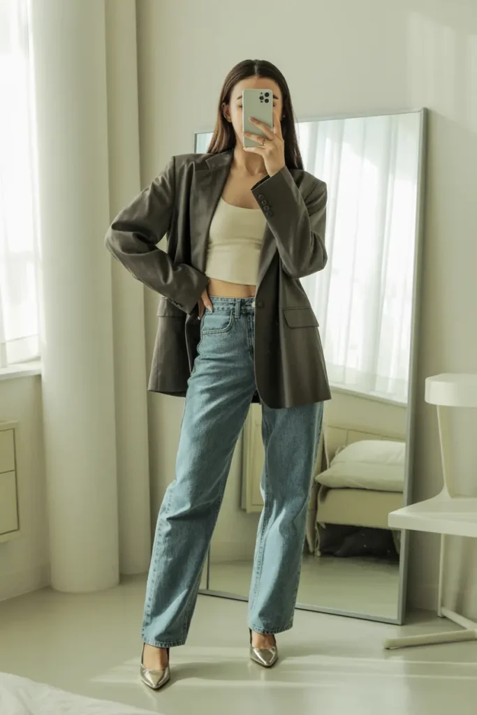 Grey blazer and jeans for Casual Classy 20th Birthday Outfit Ideas that blend professional and trendy styles.