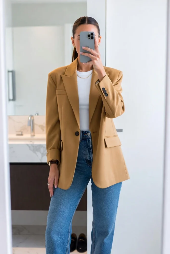Polished tan blazer over white top with blue jeans, a sharp look from 10 Brunch Outfit Ideas for Winter.