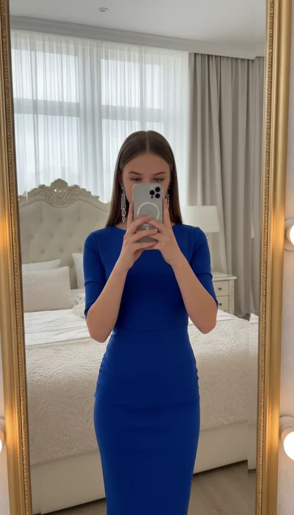 Girl in cobalt blue bodycon dress taking mirror selfie — stunning jewel tone from 17 outfit ideas for 16th birthday