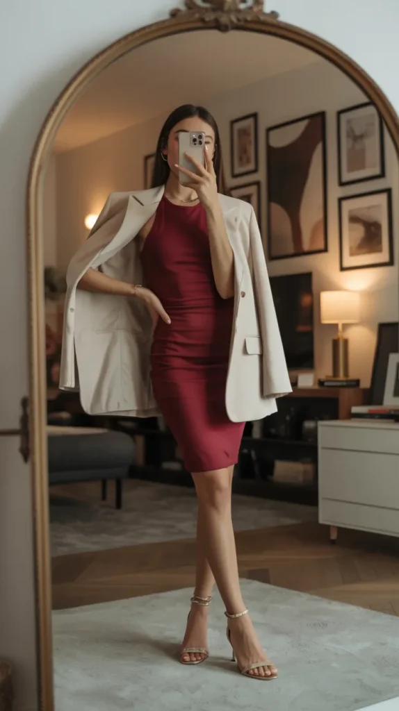 Burgundy bodycon dress with cream blazer - chic birthday outfit idea for women