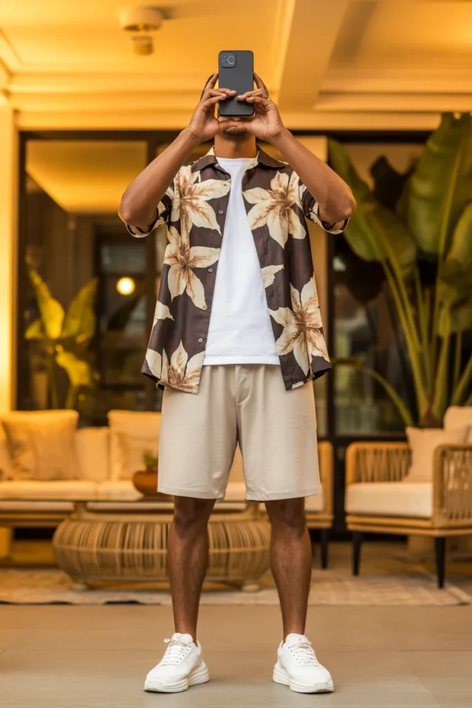 A stylish resort shirt and bucket hat combo, perfect for Summer Streetwear Outfits for Men.